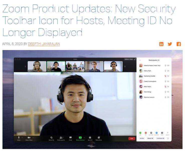Zoom Product Updates: New Security Toolbar Icon for Hosts, Meeting ID No Longer Displayed. Image: https://blog.zoom.us